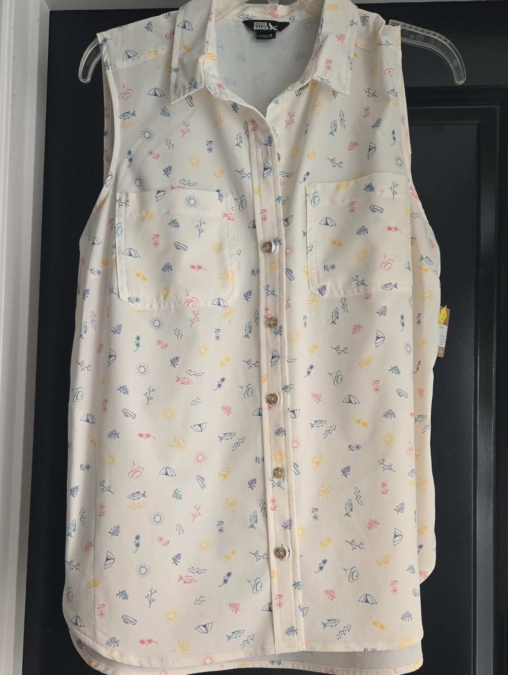 Eddie Bauer Performance Cream Sleeveless Button-Front Top w/ Pastel Beach Print